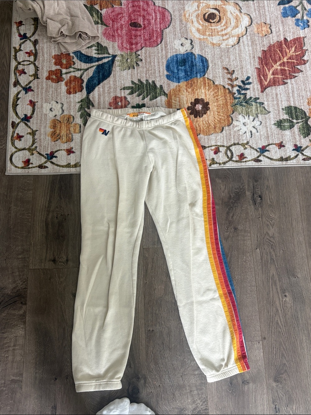 Aviator Nation Cream Sweatpants with Rainbow Side Stripe